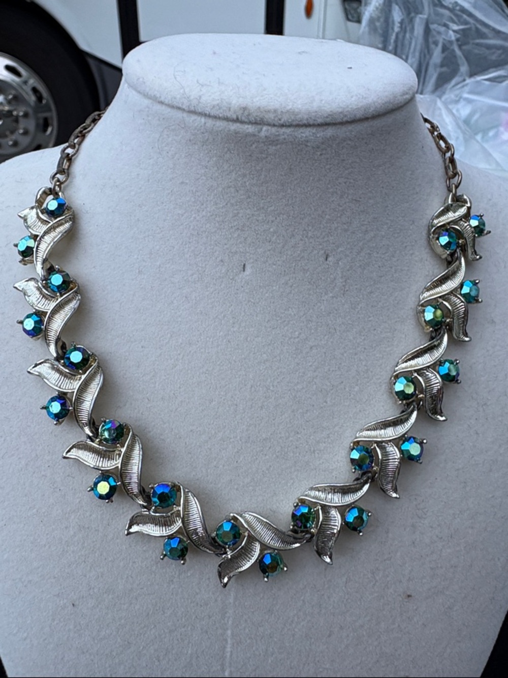 Silver-Tone Aurora Borealis Coro Crystal Leaf Necklace - Blue-Green